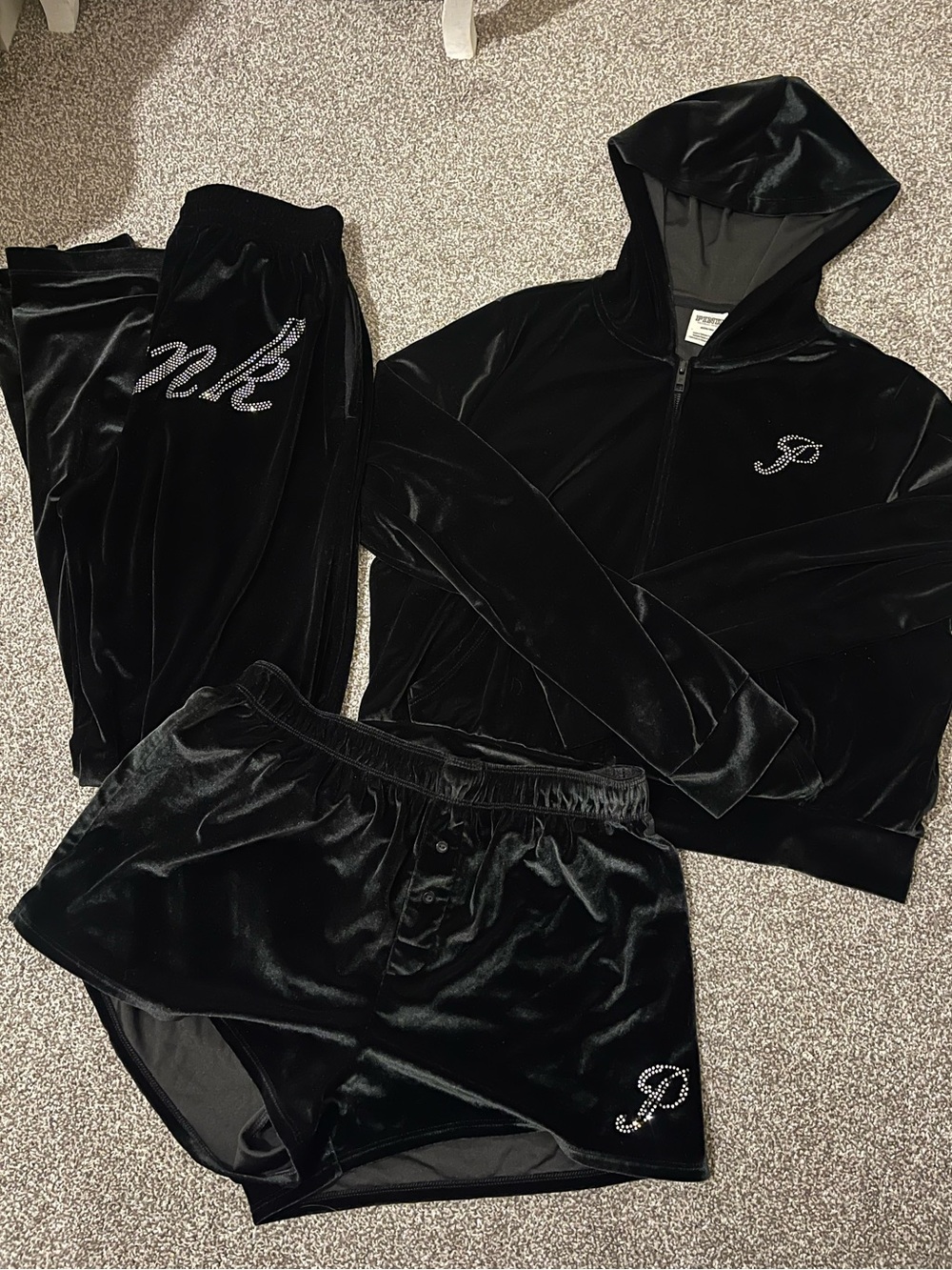Y2K PINK Victoria's Secret Black Velvet Rhinestone Hoodie & Shorts Set